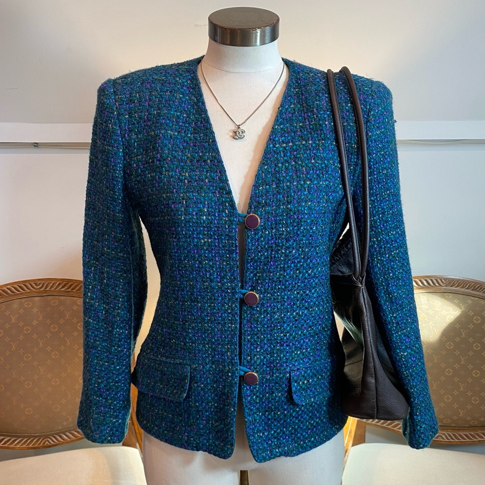 Vintage 1980s Teal Blue Tweed Wool Blazer Jacket, Women's Small, Office Chic